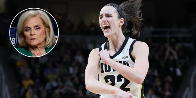 After Monday's game, LSU women's basketball coach Kim Mulkey, inset, had nothing but praise for Iowa star Caitlin Clark, right, at MVP Arena in Albany, New York.