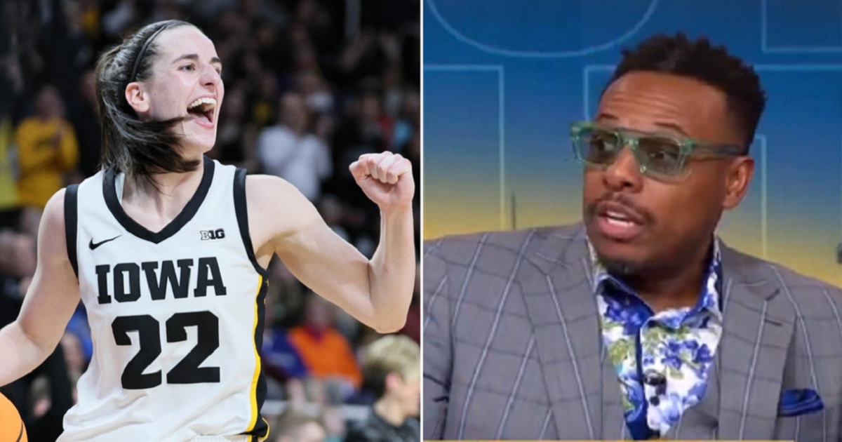 Caitlin Clark of the University of Iowa Hawkeyes celebrates, left, after beating the LSU Tigers on Monday night in the Elite Eight round of the NCAA Women's Basketball Tournament at MVP Arena in Albany, New York. NBA legend Paul Pierce, right, is interviewed on FS1's "Undisputed."