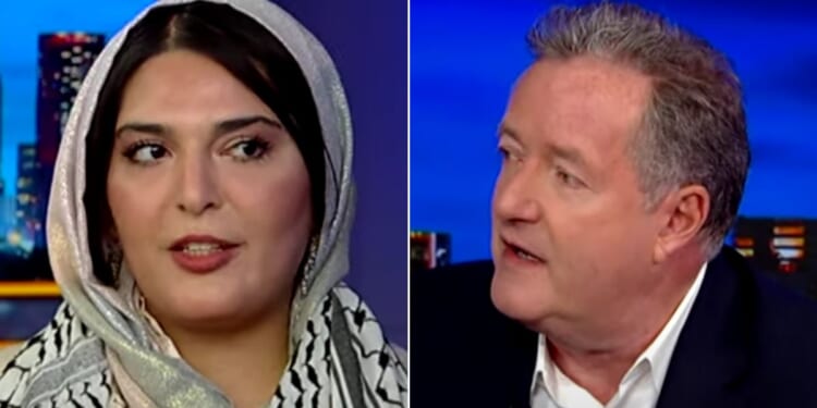 British journalist Piers Morgan, right, questioned American activist Nerdeen Kiswani regarding U.S. protesters shouting "Death to America."