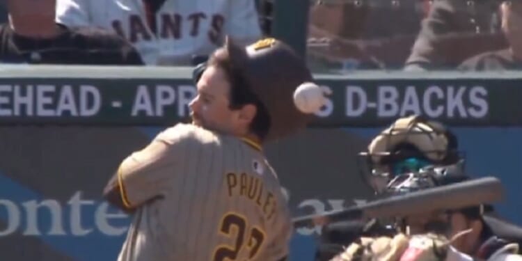 A baseball caroms off San Diego Padres XXX Pauley Friday during a game against the San Francisco Giants.