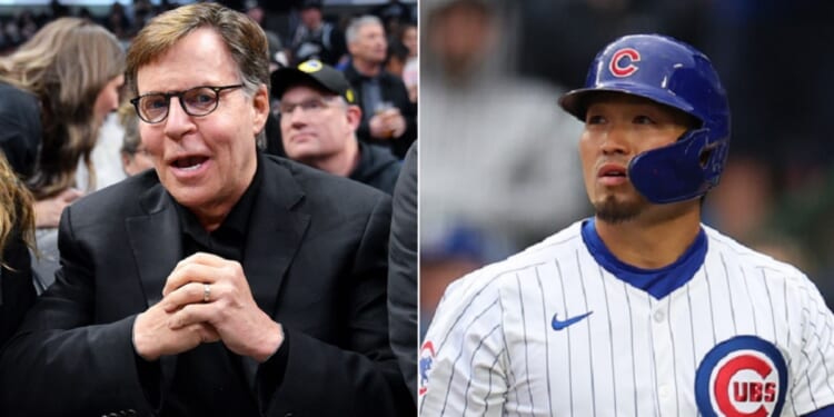 Sportscaster Bob Costas, left; Chicago Cubs outfielder Seiya Suzuki, right.