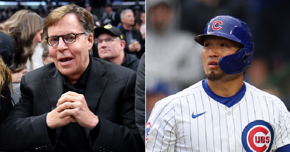 Sportscaster Bob Costas, left; Chicago Cubs outfielder Seiya Suzuki, right.