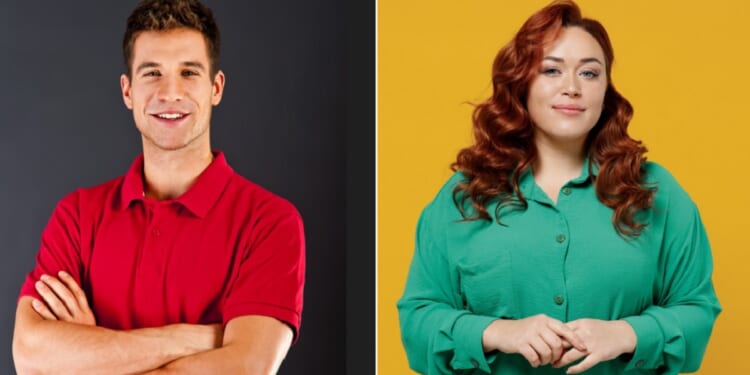 A man wearing a red shirt, left; a woman in a green blouse, right.