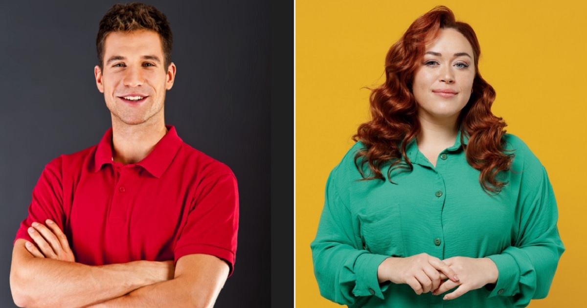 A man wearing a red shirt, left; a woman in a green blouse, right.