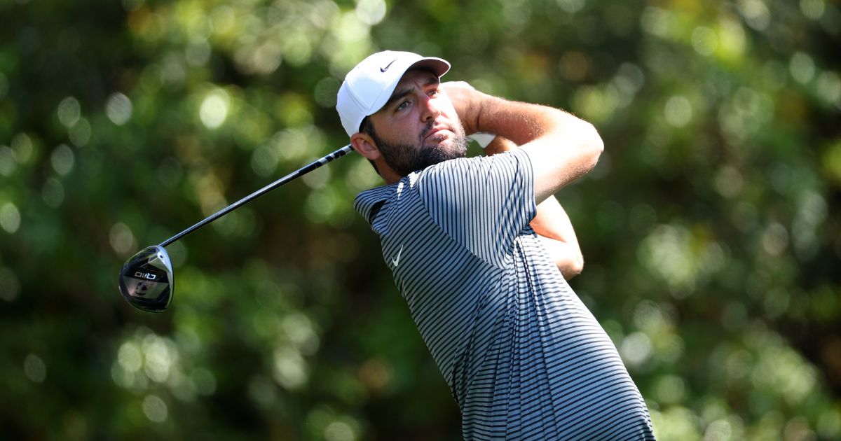 Scottie Scheffler hits a shot during a practice round prior to the 2024 Masters Tournament at Augusta National Golf Club in Augusta, Georgia, on Monday.