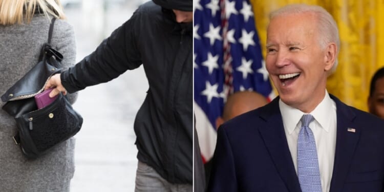 A stock image of a man stealing from a woman's purse, left; President Joe Biden laughing, right.