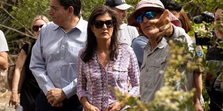 Former U.S. Ambassador and onetime Republican presidential contender Nikki Haley pays a visit Monday to a kibbutz that was targeted during the Oct. 7 Hamas attack on Israel.