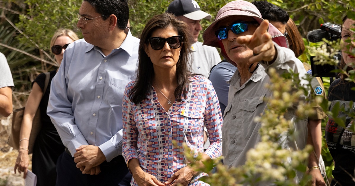 Former U.S. Ambassador and onetime Republican presidential contender Nikki Haley pays a visit Monday to a kibbutz that was targeted during the Oct. 7 Hamas attack on Israel.