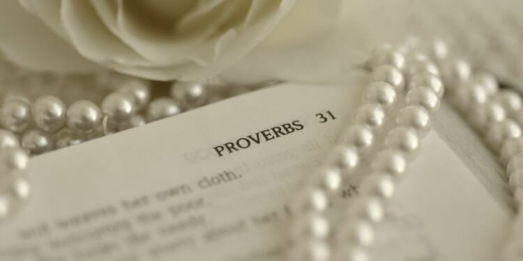 This image shows the Bible opened to the passage of Proverbs 31. A pearl necklace is laying on top of the Bible, and a white rose is laying next the Bible.