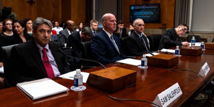 Witnesses testifying at an April hearing of the Senate Homeland Security Committee on about the airplane manufacturer Boeing are, from left, Sam Salehpour,  Boeing engineer; Ed Pierson, former Boeing engineer and founder of the Foundation for Aviation Safety; Joe Jacobsen, former FAA engineer and technical adviser to the Foundation for Aviation Safety; and Shawn Pruchnicki, assistant professor integrated systems engineering at Ohio State University.