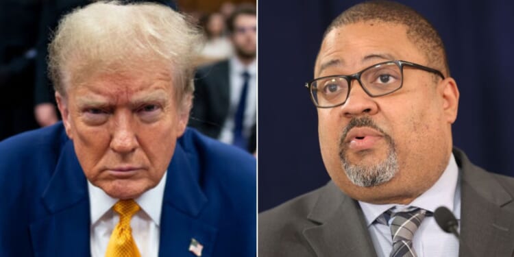 Manhattan District Attorney Alvin Bragg, right, is asking for more penalties to be heaped on former President Donald Trump, left.