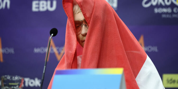 Joost Klein who represented the Netherlands, gestures during a news conference after the second semi-final of the Eurovision Song Contest, at the Malmo Arena, in Malmo, Sweden, on Thursday.