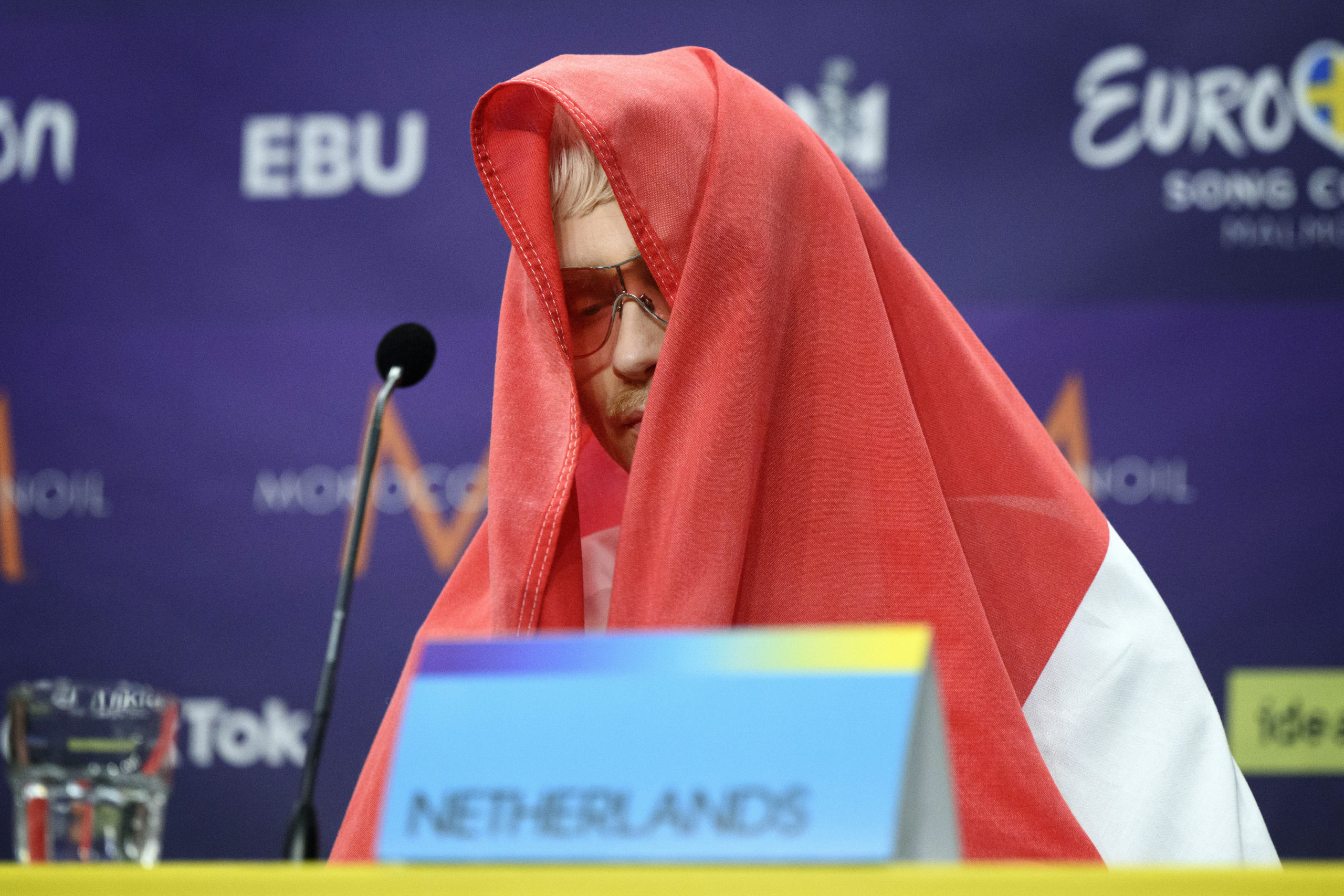 Joost Klein who represented the Netherlands, gestures during a news conference after the second semi-final of the Eurovision Song Contest, at the Malmo Arena, in Malmo, Sweden, on Thursday.