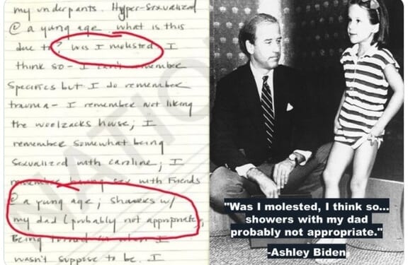 An image of a page of Ashley Biden's diary, left. Right, a photo of now-President Joe Biden as a young United States senator in a photo with his daughter Ashley when she was a young girl.