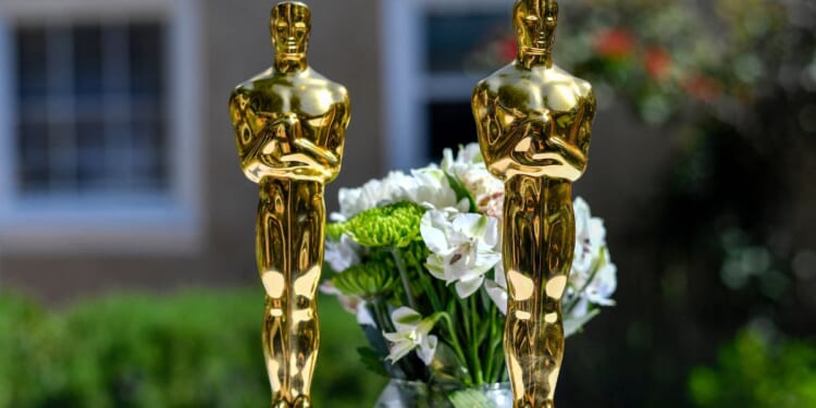 View of the Oscars won by French director and screenwriter Justine Triet and Arthur Harari for Best Original Screenplay for "Anatomy of a Fall" during the brunch party for French Oscars nominees and winners organized by the French consulate at Maison de France in Beverly Hills, California, on March 11, 2024.