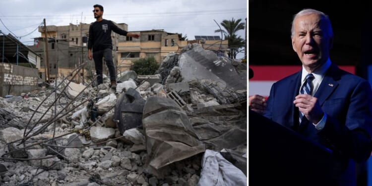 a man standing amidst the debris of his bombed home and Joe Biden delivering a speech