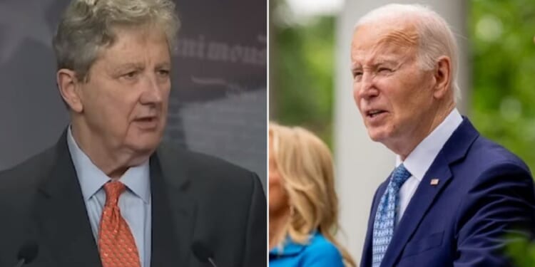 U.S. Sen. John Kennedy of Louisiana, left, at a news conference Wednesday; President Joe Biden, right, at the White House on Sunday.