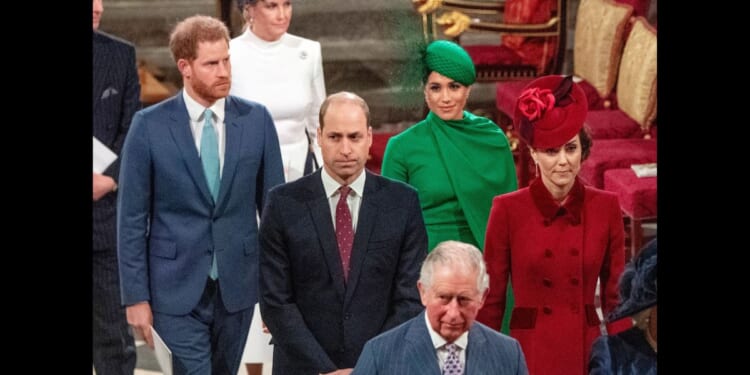 Britain's Prince Harry, Duke of Sussex (L) and Britain's Meghan, Duchess of Sussex (2nd R) follow Britain's Prince William, Duke of Cambridge (C) and Britain's Catherine, Duchess of Cambridge (R) as they depart Westminster Abbey after attending the annual Commonwealth Service in London on March 9, 2020.