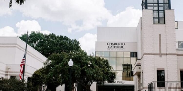 An exterior view of Charlotte Catholic High School in Charlotte, North Carolina.