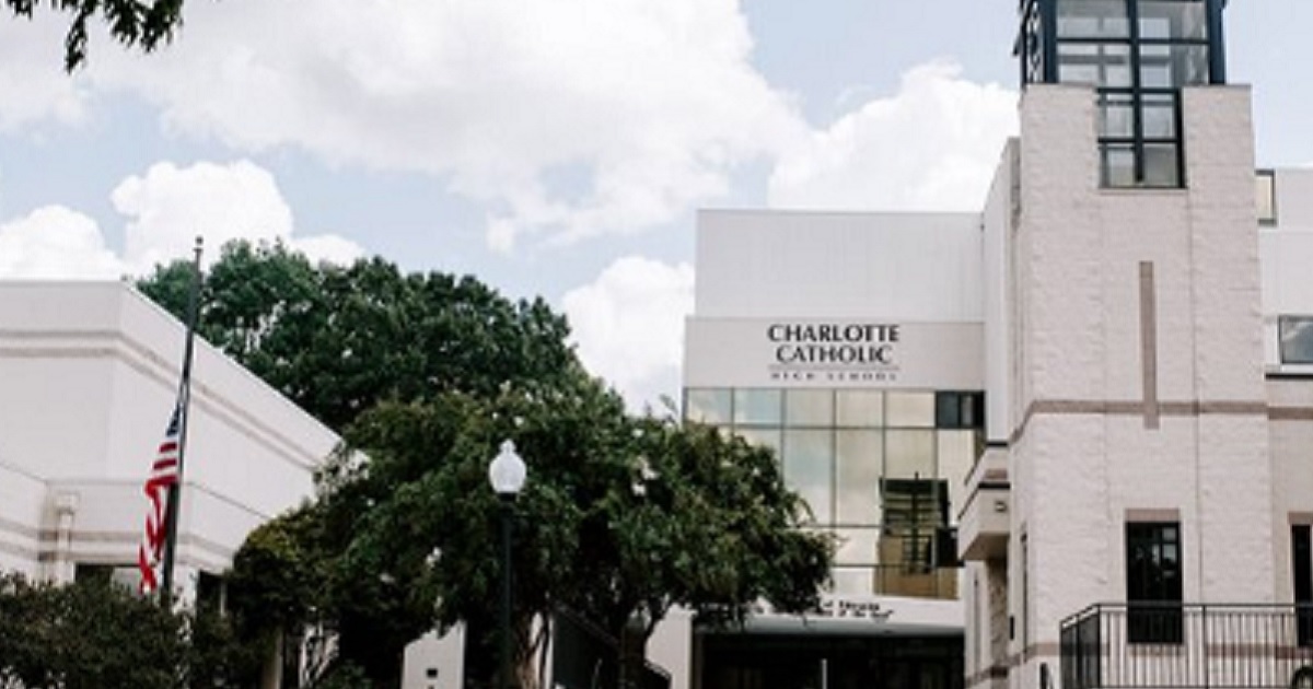 An exterior view of Charlotte Catholic High School in Charlotte, North Carolina.