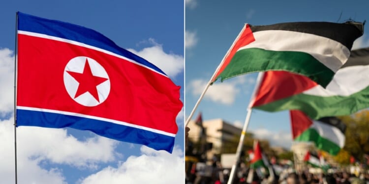 A flag of North Korea in a file photo, left; right, Palestinian flags are waved during a demonstration in Washington Oct. 21, right.