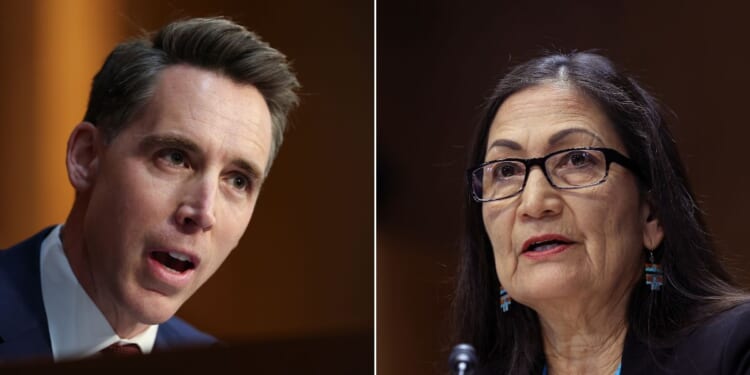 Sen. Josh Hawley, left, questioned Interior Secretary Deb Haaland, right, during a Senate hearing on Thursday.