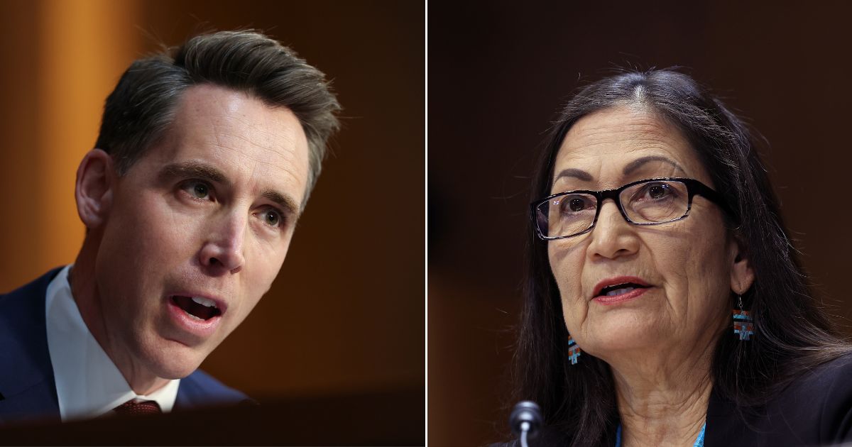 Sen. Josh Hawley, left, questioned Interior Secretary Deb Haaland, right, during a Senate hearing on Thursday.