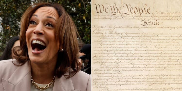 At left, Vice President Kamala Harris greets the children of White House employees during an event marking "Take Our Daughters and Sons to Work Day" on the South Lawn of the White House in Washington on April 25. At right is the first page of the United States Constitution.