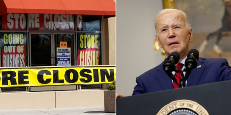 A stock photo of a store going out of business, left; President Joe Biden pictured speaking in the White House on Thursday, right.