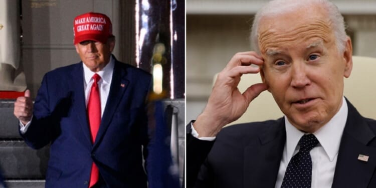 Former President Donald Trump gives a thumbs up, left, in a file photo from 2022. President Joe Biden, right, is pictured in the Oval Office on Tuesday.