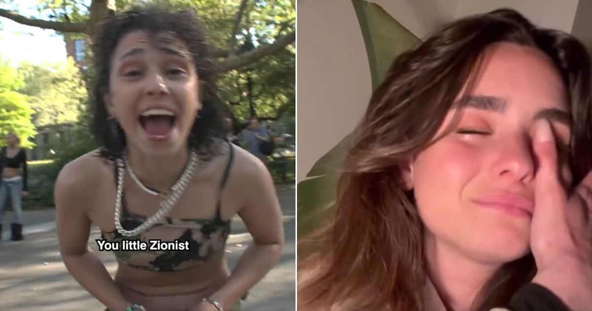 Noa Cochva, right, reacts to all the hatred she received on the streets of New York, including from an anti-Israel activist with a knife, left.