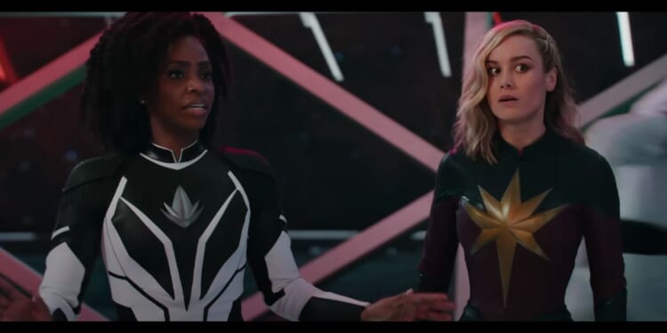 Actresses Brie Larson and Teyonah Parris on screen together in the 2023 superhero team up film "The Marvels."