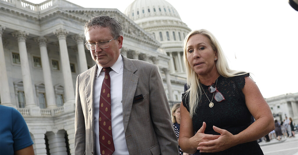 Rep. Marjorie Taylor Greene and Rep. Thomas Massie outside the US Capitol