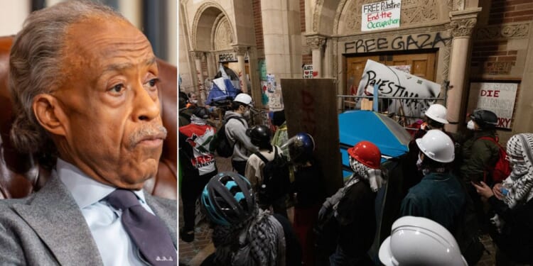 Rev. Al Sharpton, left, seen in a February file photo, compared the violence at college campuses like UCLA, right, to the Capitol incursion of Jan. 6, 2021.