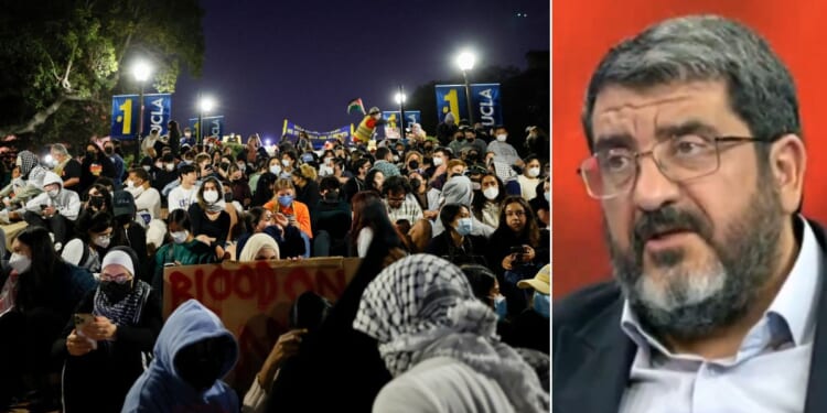 At left, anti-Israel protesters sit on stairs leading to an encampment on the campus of the University of California, Los Angeles on Wednesday. At right is Tehran University professor Foad Izadi.