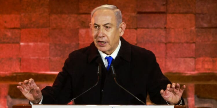 Israel's Prime Minister Benjamin Netanyahu speaks during a ceremony marking Holocaust Remembrance Day at the Yad Vashem Holocaust Memorial in Jerusalem, Israel, on Sunday.