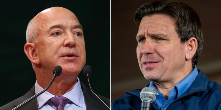 At left, Jeff Bezos speaks at the U.N. Climate Change Conference in Glasgow, Scotland, on Nov. 2, 2021. At right, Florida Gov. Ron DeSantis speaks at LaBelle Winery in Rockingham County, New Hampshire, on Jan. 17.