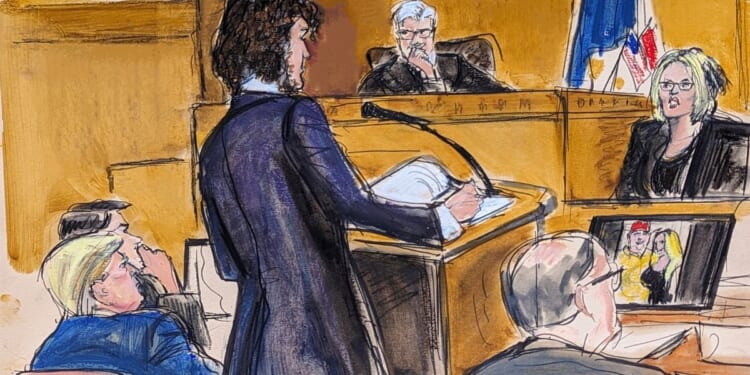 This court drawing depicts Judge Juan Merchan, center right, presiding over proceedings as Stormy Daniels, far right, answers questions on direct examination by assistant district attorney Susan Hoffinger, center left, in Manhattan criminal court as former President Donald Trump, left, looks on during the trial on Tuesday.