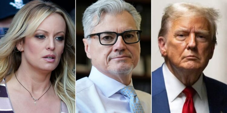 Judge Juan Merchan, center, has refused to modify a gag order against former President Donald Trump, right, so that Trump can respond to claims made by porn star Stormy Daniels, left.