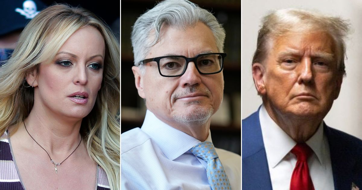 Judge Juan Merchan, center, has refused to modify a gag order against former President Donald Trump, right, so that Trump can respond to claims made by porn star Stormy Daniels, left.