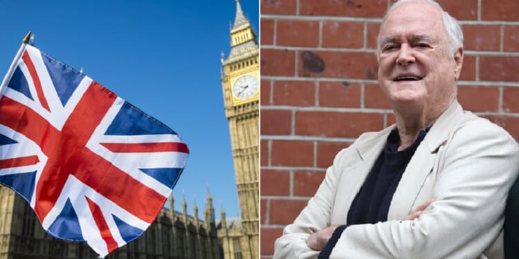 The flag of the United Kingdom flies over London with Big Ben in the background, left; right, British comedian John Cleese.