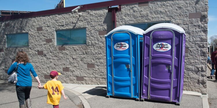 A purple port-a-potty was put into service at the Electric Fetus, one of Prince's favorite record stores, during record day on the one-year anniversary of Prince's death in Minneapolis, MN, April 22, 2017.