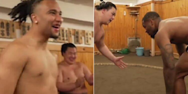 Houston Texans quarterback C.J. Stroud, left, laughs; Dallas Cowboys linebacker Micah Parsons, right, lines up to take on a sumo wrestler last week in Tokyo.