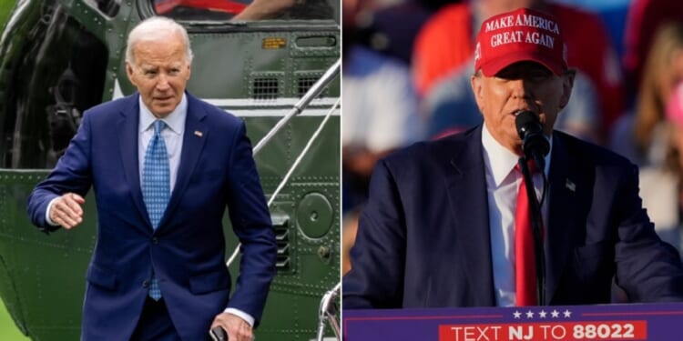 President Joe Biden, left, disembarking a helicopter on the White House lawn; former President Donald Trump, right, speaking at a rally Sunday in New Jersey.