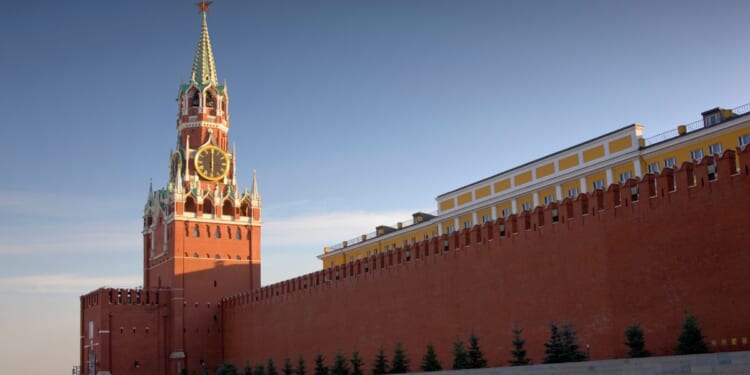 The Spasskaya Tower of the Kremlin in Moscow, Russia, is pictured.