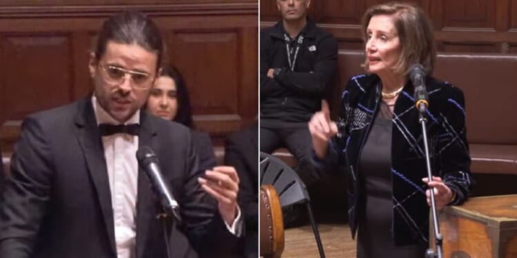 Winston Marshall, left, former banjo player and guitarist for the folk group Mumford & Sons; former House Speaker Nancy Pelosi, right, during an April 25 debate at Oxford University in Oxford, England.