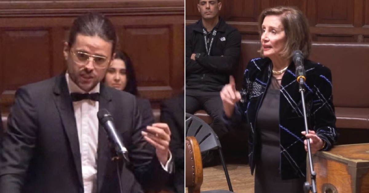 Winston Marshall, left, former banjo player and guitarist for the folk group Mumford & Sons; former House Speaker Nancy Pelosi, right, during an April 25 debate at Oxford University in Oxford, England.