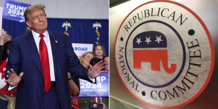 At left, former President Donald Trump arrives for a campaign rally in Green Bay, Wisconsin, on April 2. At right, the Republican National Committee logo is shown on the stage as crew members work at the North Charleston Coliseum in North Charleston, South Carolina, on Jan. 13, 2016.