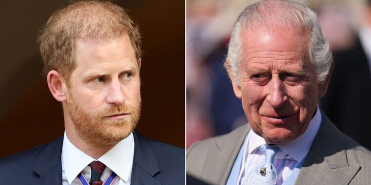 At left, Prince Harry leaves the Invictus Games Foundation's 10th anniversary service at St. Paul's Cathedral in London on Wednesday. At right, King Charles III speaks to guests attending a Royal Garden Party at Buckingham Palace in London on Wednesday.