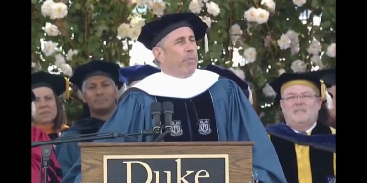 This X screen shot shows comedian Jerry Seinfeld giving a commencement speech at Duke University on May 12, 2024.